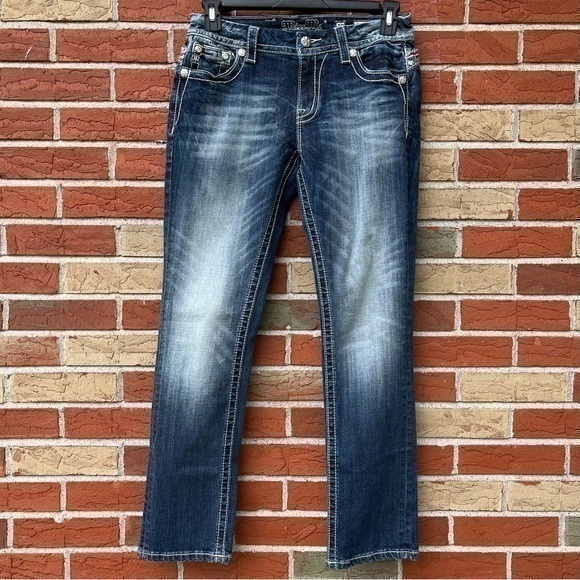 👖 Miss Me Mid Rise Easy Straight Boot Cut Distressed Blue Jeans - Picture 1 of 12